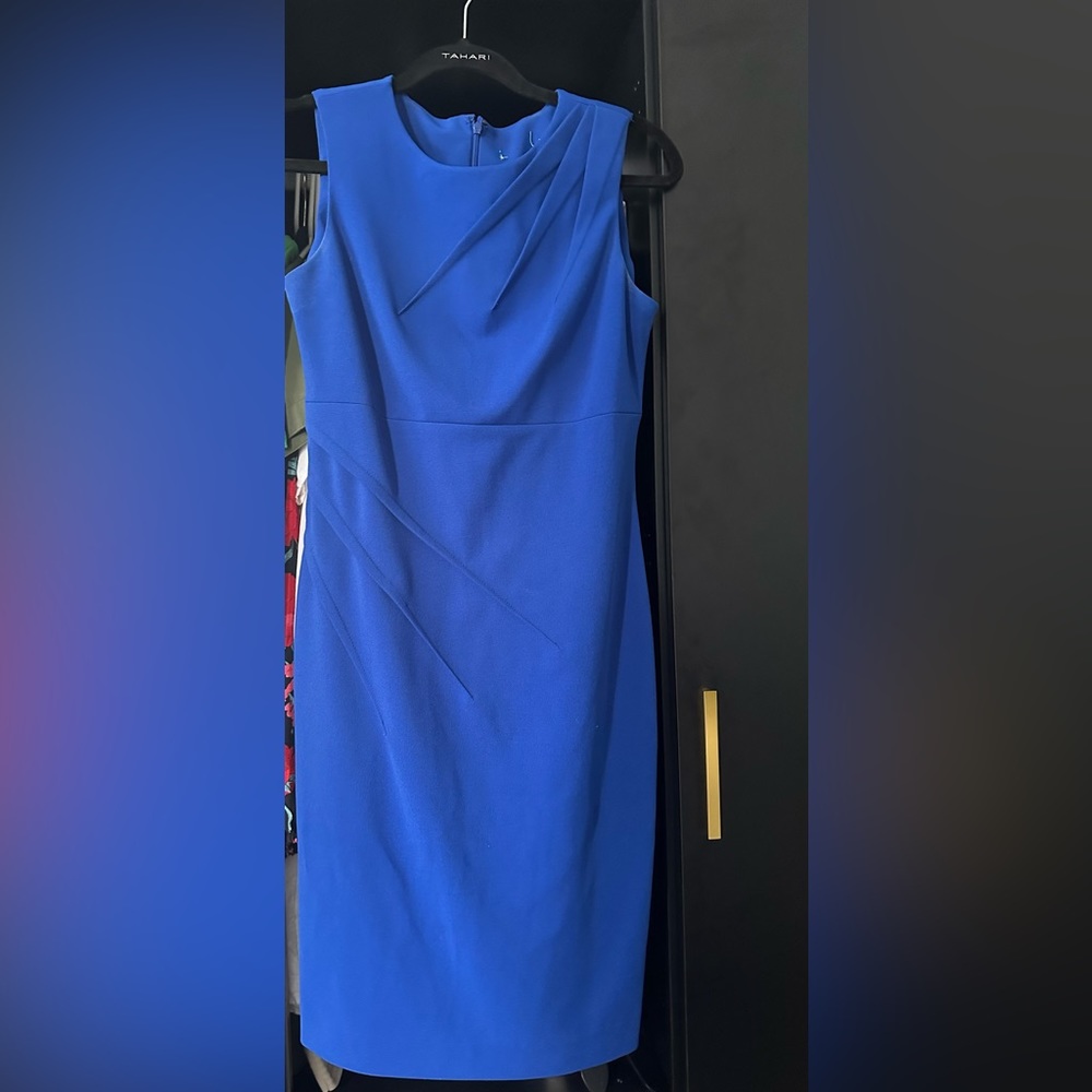 Calvin Klein, blue midi corporate office dress, with ruching, size small